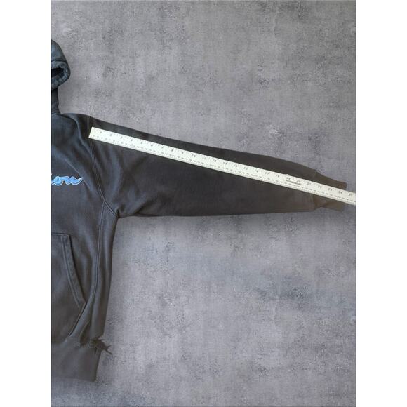 Vtg Champion Reverse Weave Black Hoodie SZ S Spell Out Faded Sweater Destroyed - Picture 7 of 11